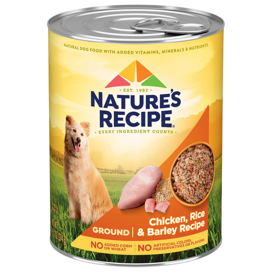 Nature's Recipe Alimento húmedo para perros con receta de pollo molido, arroz y cebada, 13.2 oz. Lata, 12 unidades.