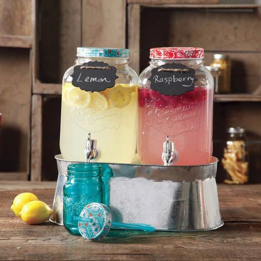 Juego de dispensador de bebidas casera simple de The Pioneer Woman con cubo de hielo, pizarras de tiza y lápiz de tiza