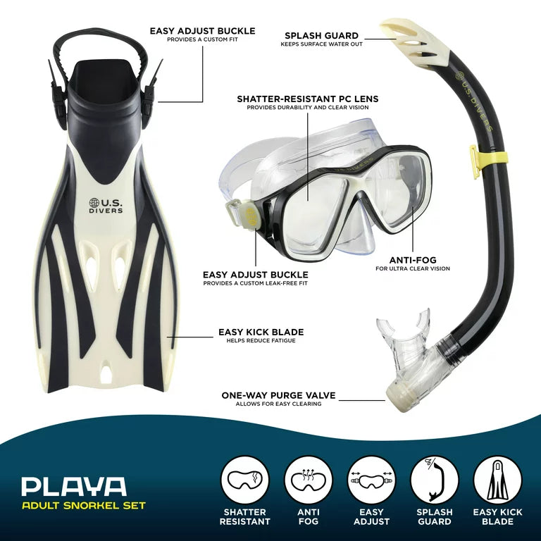 Juego de snorkel para adultos U.S. Divers Playa - Máscara, aletas, snorkel y bolsa de equipo incluidos