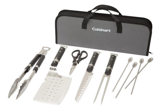 Juego de parrilla de acero inoxidable Cuisinart Chefs Classic de 10 piezas: espátula, pinzas, tenedor, cuchillo, tijeras y 4 pinchos.