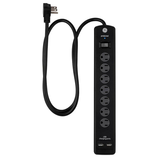 Protector contra sobretensiones de la regleta de alimentación de 7 salidas y 2 puertos USB GE UltraPro, 4 pies, negro, 40482