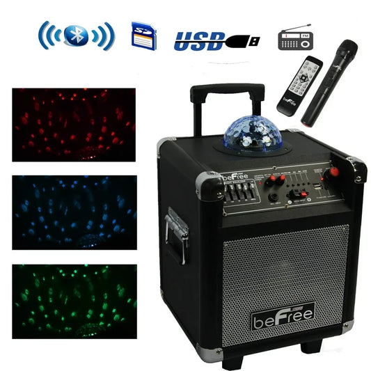 beFree Sound Projection Party Light Dome Subwoofer de 6,5 pulgadas Altavoz de fiesta portátil Bluetooth con entrada USB/SD, radio FM, control remoto y micrófono