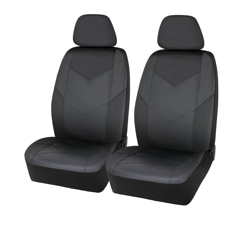 Auto Drive Fundas de asiento de 2 piezas con respaldo bajo Rival de cuero de fibra de carbono negro, ajuste universal