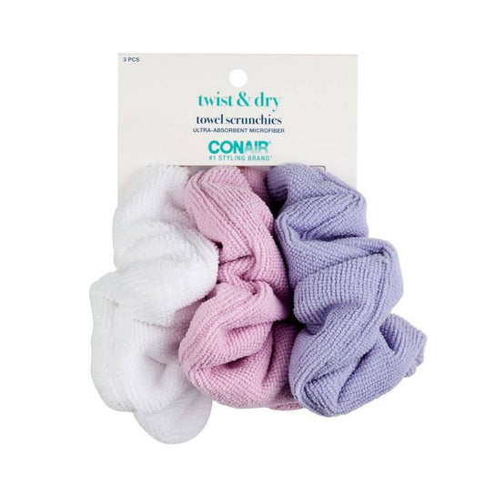 Scrunchies de toalla de microfibra ultra absorbentes Conair - Blanco/Rosa/Púrpura - 3 piezas