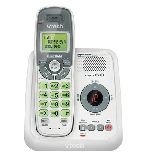 Teléfono inalámbrico VTech CS6124 DECT 6.0 con sistema de contestador e identificador de llamadas/llamada en espera, blanco