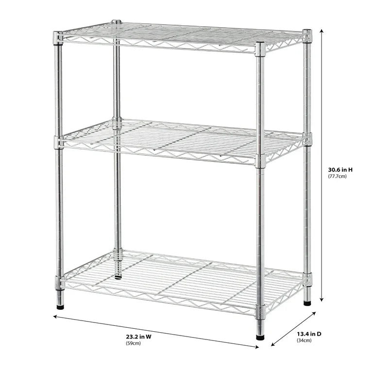 Estanteria cromado hiperresistente de 3 niveles 30,6" de alto x 23,2" de ancho x 13,4" de profundidad, capacidad total de 250 libras