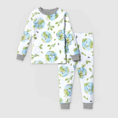 Burts Bees Baby; Conjunto de pijama ajustado de algodón orgánico estampado del Día de la Tierra para niños pequeños 2 piezas - Verde/Azul