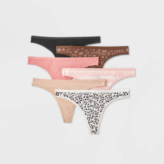 Tanga con estampado de 6 piezas para mujer - Auden™ Rosa/Negro/Marrón- Talla L